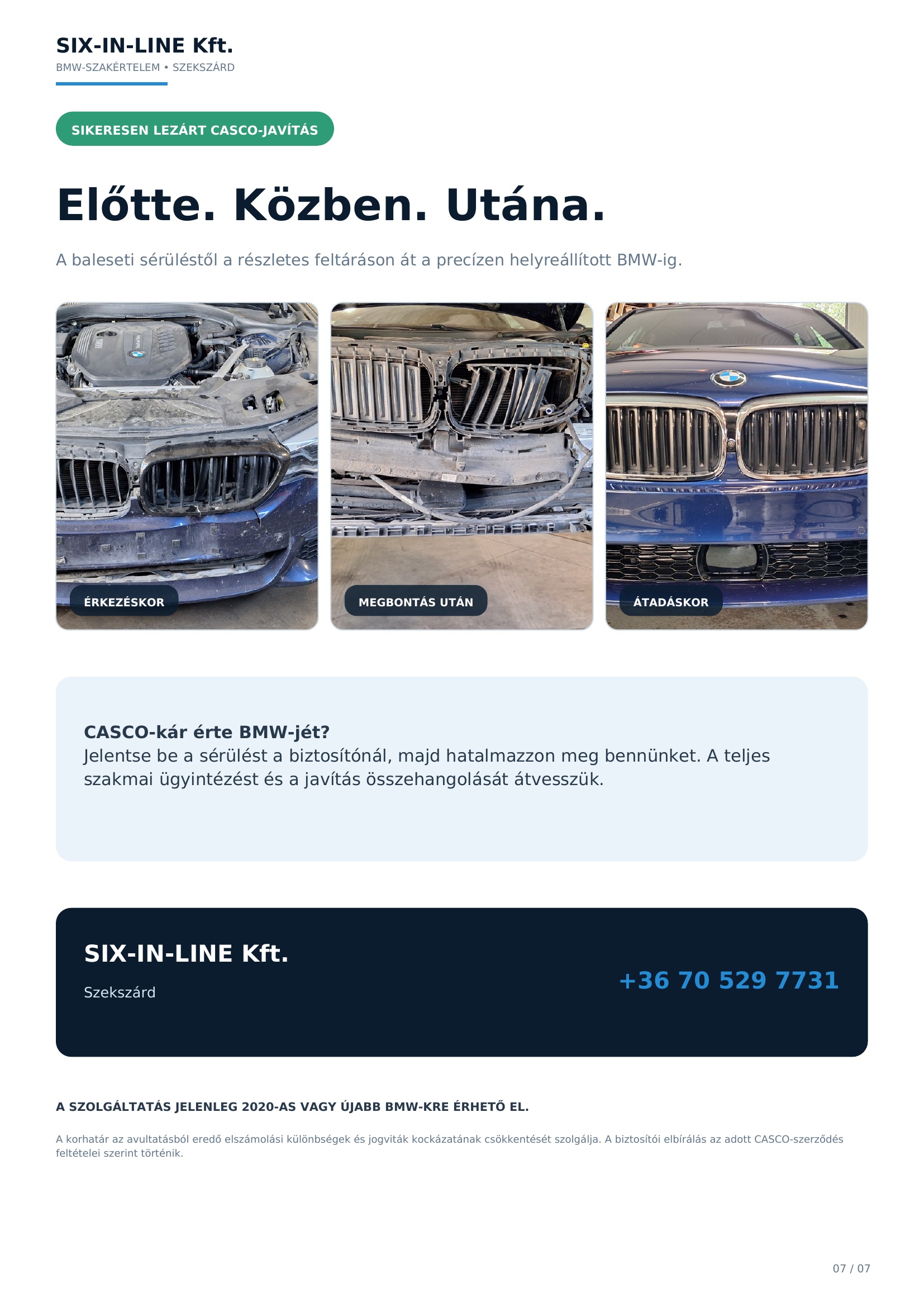 A BMW sérült eleje a műhelybe érkezéskor