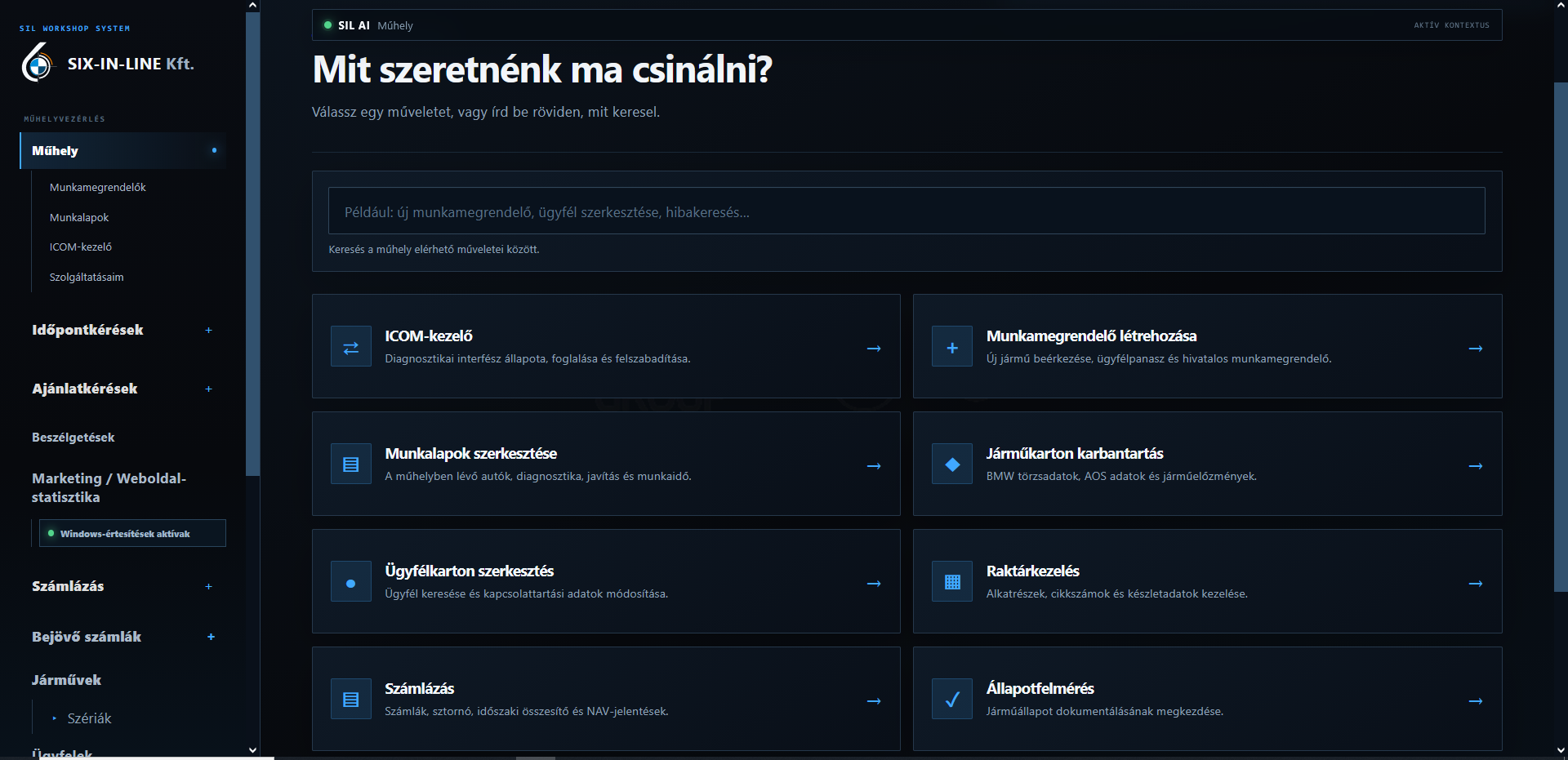 A Six-In-Line saját SIL AI rendszerének sötét műhelyfelülete